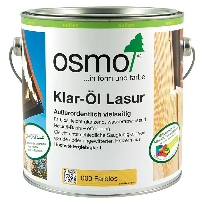 Osmo Holzlasur Klar - Farblos, 2,5 l, Seidenglänzend - Dose Osmo Klar-Öl Lasur, farblose Holzlasur für den Außenbereich, schützt und betont die natürliche Holzstruktur.