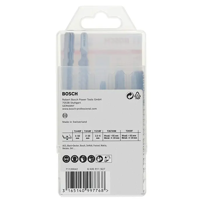 Bosch Stichsägeblatt-Set MultiMaterial - Aluminium, 15 -tlg., T-Schaft - Nahaufnahme einer Bosch Stichsägeblatt-Packung, die verschiedene Blatttypen und Spezifikationen für Holz- und Metallarbeiten zeigt.