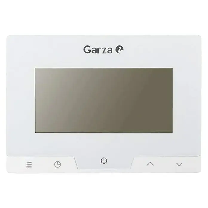 Garza Cronotermostato digital - Regulador de temperatura - Termostato Garza blanco con pantalla central y botones en el panel de control para la regulación de temperatura.