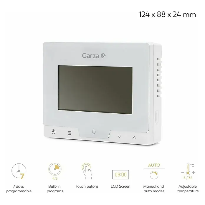 Garza Cronotermostato digital - Regulador de temperatura - Imagen de un termostato programable Garza con botones táctiles, ideal para el control de la temperatura.