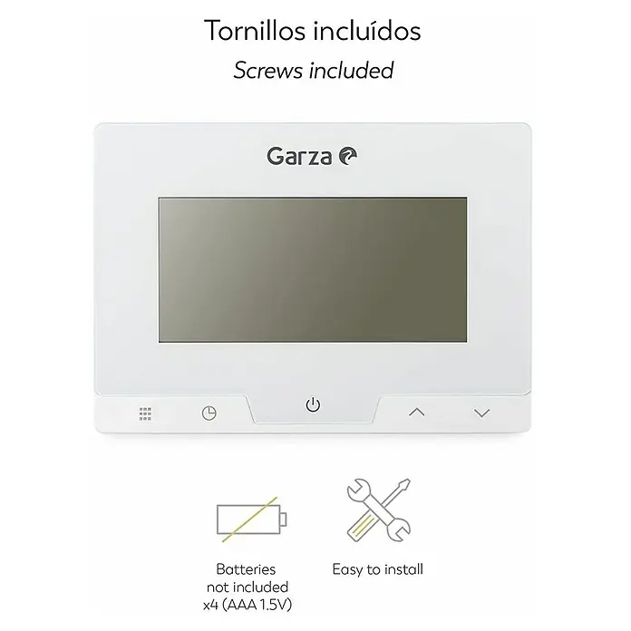 Garza Cronotermostato digital - Regulador de temperatura - Imagen de un termostato Garza blanco con pantalla digital, indicando tornillos incluidos y fácil instalación.