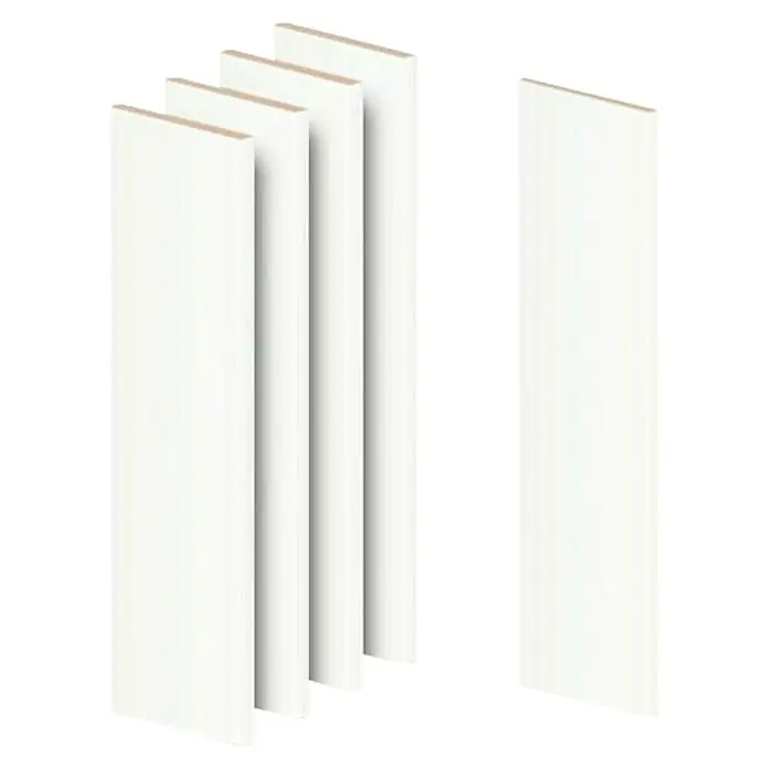 Tapeta Blanca 12/10 - 90 x 2.250 mm, Blanco, 5 ud. - Paneles de madera blancos: Una pila de cuatro paneles de madera, complementada por un panel solo, todos en un blanco impecable.