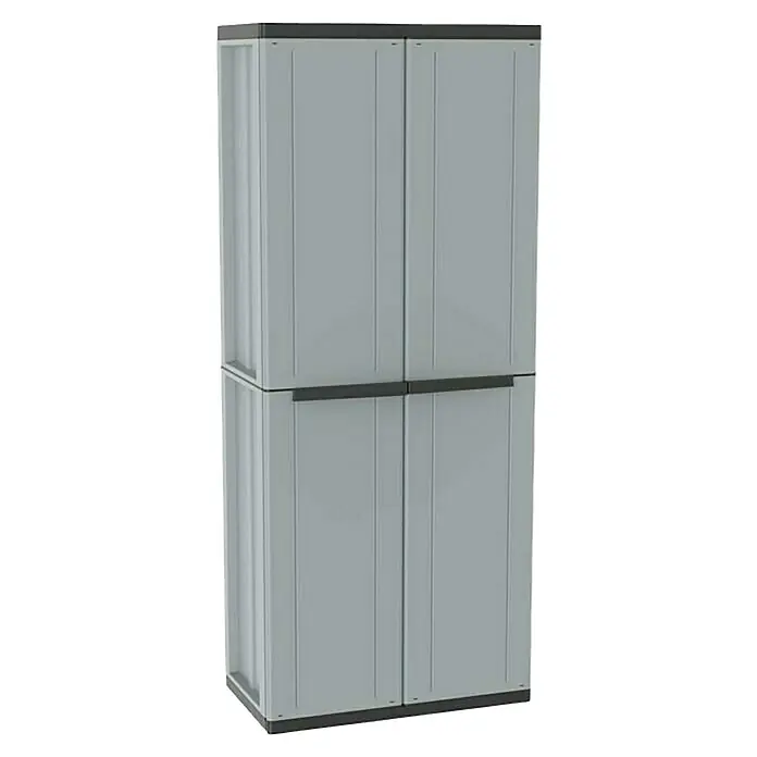 Terry JLine Armario multiusos de plástico  escobero - L x An x Al: 37,5 x 68 x 163,5 cm - Armario de plástico gris con cuatro puertas y base oscura para uso interior o exterior, diseñado para almacenar objetos.