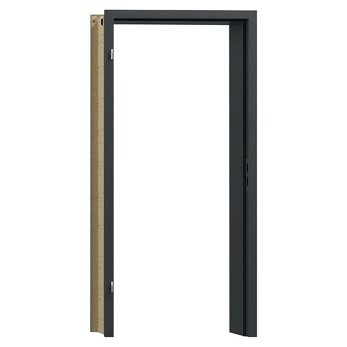 GetaDoor Getalit Türzarge A1 - 860 x 1.985 mm, Wandstärke: 270 mm, DIN Anschlag: Links, Schwarz - Ansicht eines schwarzen Türrahmens mit sichtbaren Dämmmaterialien, ideal für energieeffiziente Bauprojekte und moderne Innenarchitektur.