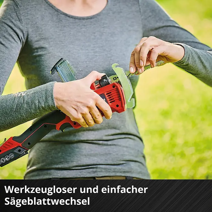 Einhell Power X-Change 18V Akku-Astsäge GE-GS 18/150 Li - Li-Ionen, Ohne Akku, Schwertlänge: 100 mm - Werkzeugloser Sägeblattwechsel mit der Einhell Akku-Astsäge. Einfacher und schneller Austausch des Sägeblatts ohne Werkzeug.