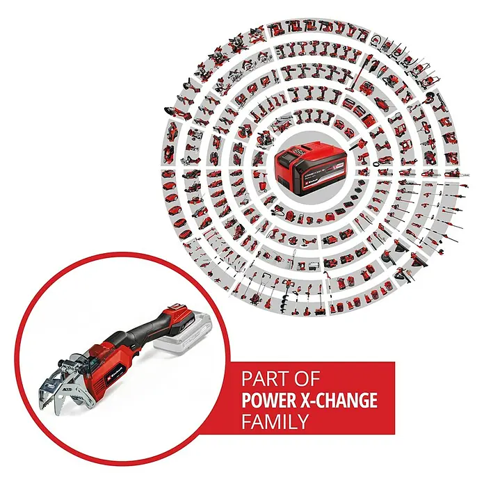 Einhell Power X-Change 18V Akku-Astsäge GE-GS 18/150 Li - Li-Ionen, Ohne Akku, Schwertlänge: 100 mm - Akku-betriebene Astsäge von Einhell, Teil der Power X-Change Familie, präsentiert mit Akku und weiteren Werkzeugen.