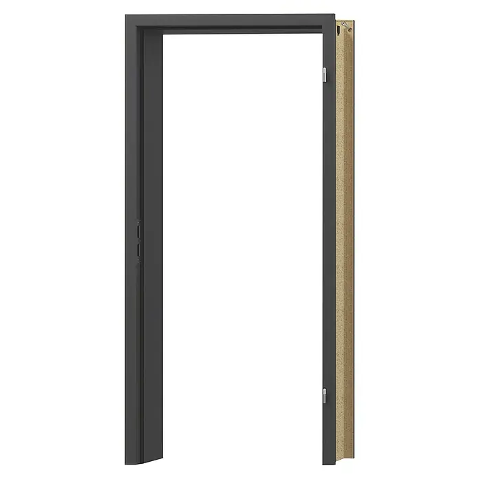 GetaDoor Getalit Türzarge A1 - 860 x 1.985 mm, Wandstärke: 270 mm, DIN Anschlag: Rechts, Schwarz - Bild eines grauen Türrahmens mit einer braunen Holzplatte auf der rechten Seite. Der Türrahmen ist modern und minimalistisch gestaltet.