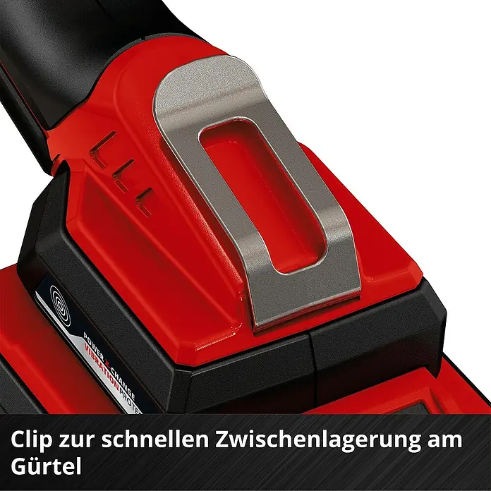 Einhell Power X-Change 18V Akku-Astsäge GE-GS 18/150 Li - Li-Ionen, Ohne Akku, Schwertlänge: 100 mm - Clip zur schnellen Zwischenlagerung am Gürtel. Praktischer Clip für schnellen Zugriff und bequemes Tragen des Werkzeugs am Gürtel.