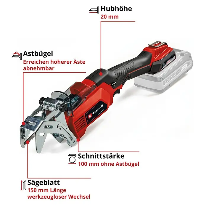 Einhell Power X-Change 18V Akku-Astsäge GE-GS 18/150 Li - Li-Ionen, Ohne Akku, Schwertlänge: 100 mm - Abbildung einer Einhell Akku-Astsäge mit Details zu Hubhöhe, Schnittstärke, Sägeblatt und Astbügel.