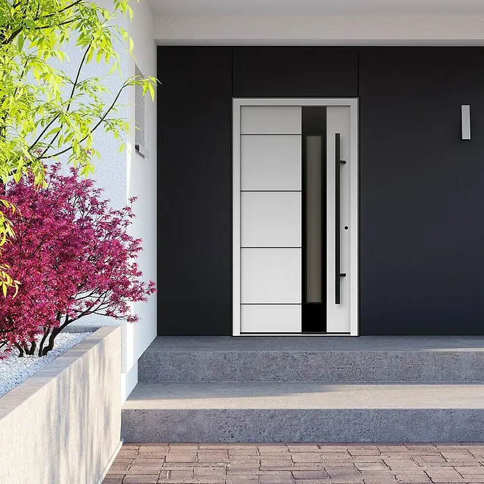 Gerda Haustür Thermo Prime 75 Linz - 110 x 210 cm, DIN Anschlag: Rechts, Weiß, Schwarze Details - Zeitgenössische Haustür mit klaren Linien und modernem Design, umgeben von üppigem Grün.