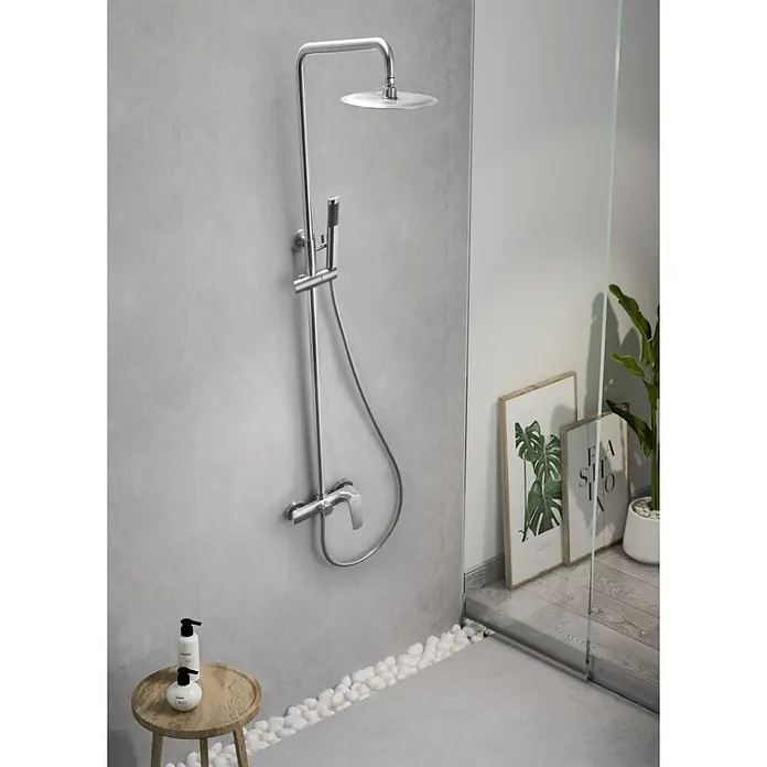 Imex Delos Sistema de ducha - Grifo monomando, Acero - Elegante conjunto de ducha cromado con rociador y teleducha, que une diseño moderno y funcionalidad para un baño con estilo.
