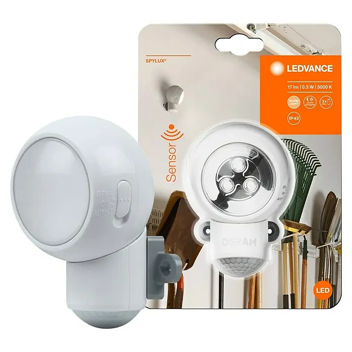 Ledvance Bewegungsmelder Spylux - Durchmesser: 68 mm - Bild einer LED-Sensorleuchte von Osram/Ledvance, ideal für den Innenbereich. Das Produkt ist in seiner Verpackung abgebildet.