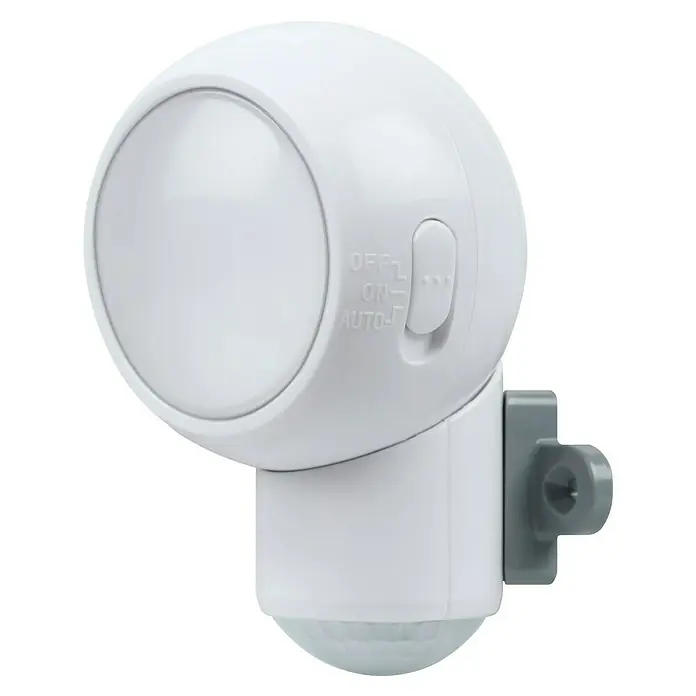 Ledvance Bewegungsmelder Spylux - Durchmesser: 68 mm - Nahaufnahme einer weißen, runden LED-Leuchte mit Bewegungssensor und Schalter für Aus, Ein und Automatik.