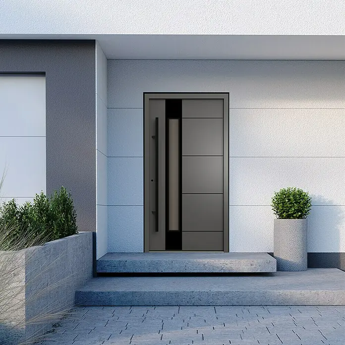Gerda Haustür Thermo Prime 75 Linz - 100 x 210 cm, DIN Anschlag: Links, Anthrazitgrau, Schwarze Details - Modern gestaltete Haustür mit geradlinigen Paneelen und langem Griff. Die Tür verleiht dem Eingangsbereich ein zeitgemäßes Aussehen.