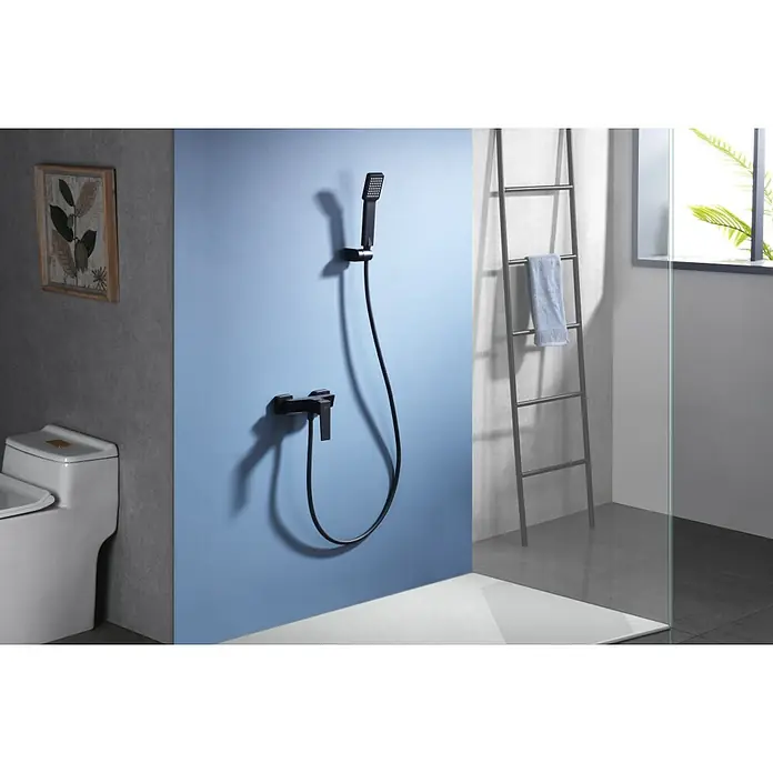 Imex Art Grifo monomando de ducha - Negro - Grifo de ducha negro con ducha de mano y un toallero, que complementa el moderno diseño del baño.\n