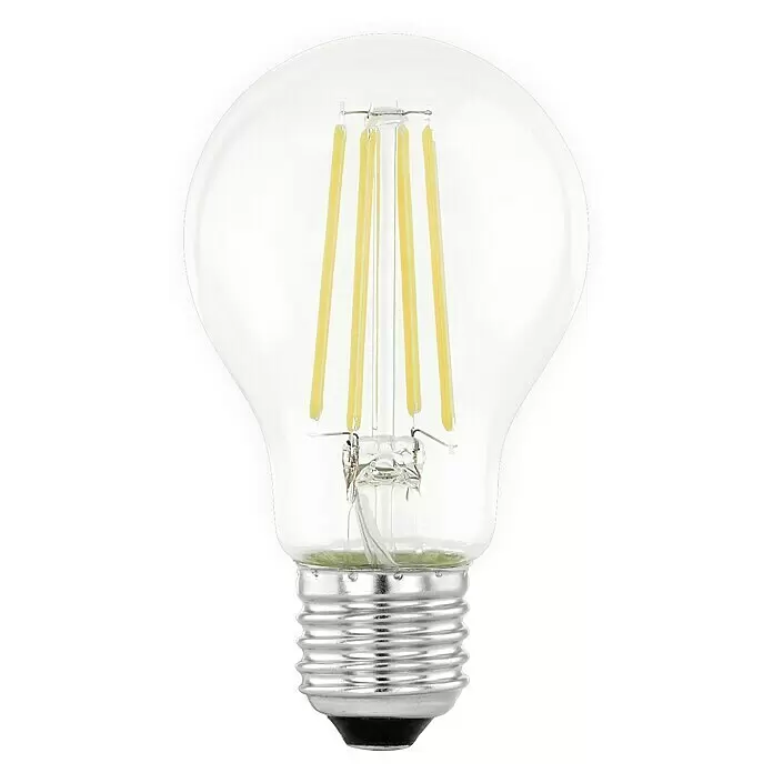 Eglo LED-Lampe mit Day-/Night-Sensor - E27, Nicht Dimmbar, Warmweiß, 806 lm, 6 W, 1 Stk. - Klare LED-Filament-Glühbirne mit sichtbaren gelben Filamenten und silbernem Schraubsockel.