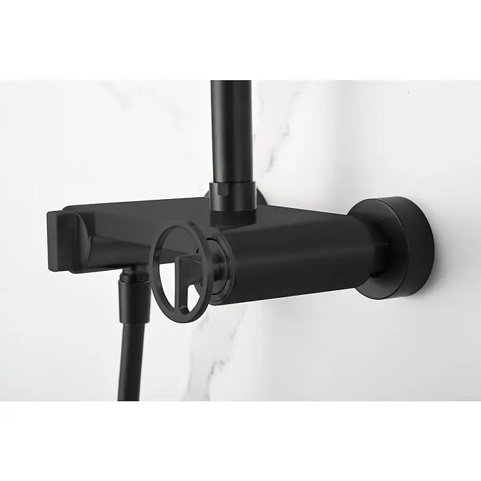 Imex Olimpo Sistema de ducha - Grifo monomando, Negro - Grifo de ducha negro con elemento de diseño redondo para el control de la temperatura y palanca lateral para seleccionar el modo de pulverización.