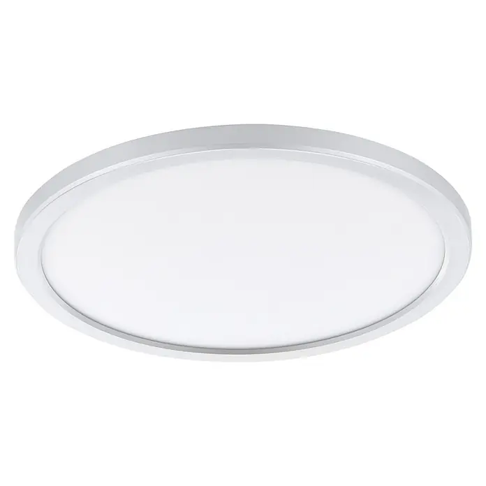 Eglo LED-Deckenleuchte rund CAMPASPERO 2 - IP44, 18 W, Ø x H: 29,5 x 2,5 cm, Silber, Neutralweiß - Nahaufnahme einer runden, flachen LED-Deckenleuchte mit weißem Rahmen und Lichtfläche, ideal für moderne Innenräume.