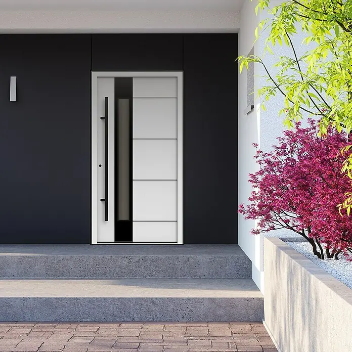 Gerda Haustür Thermo Prime 75 Linz - 100 x 210 cm, DIN Anschlag: Links, Weiß, Schwarze Details - Moderne Haustür mit schwarzem Rahmen und weißen Paneelen. Ein stilvoller Eingangsbereich mit zeitgemäßem Design und klaren Linien.
