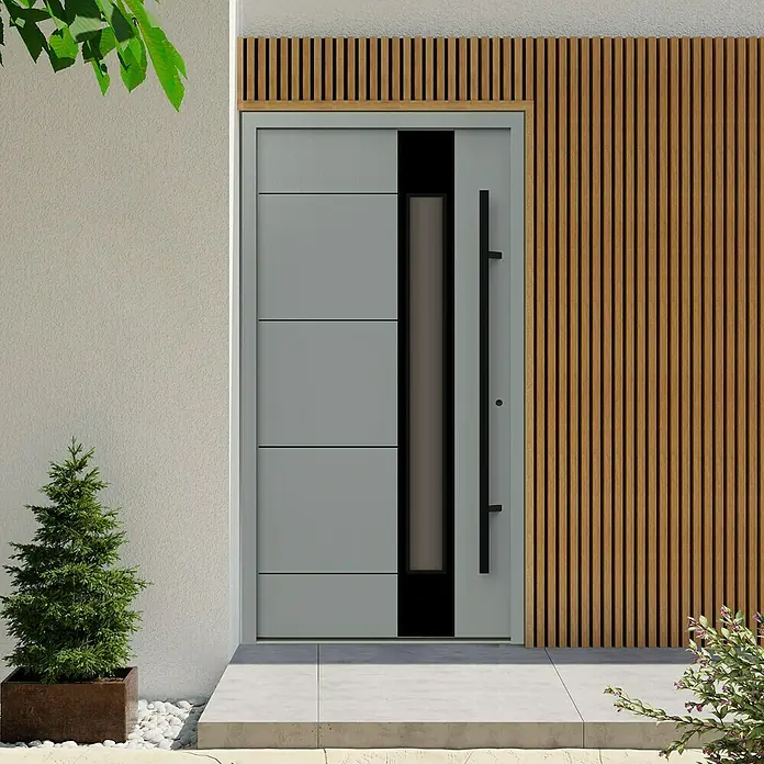 Gerda Haustür Thermo Prime 75 Linz - 110 x 210 cm, DIN Anschlag: Rechts, Grau, Schwarze Details - Modernes Haustür-Design mit grauen Paneelen, einem schlanken Fenster und einem langen, schwarzen Griff, ergänzt durch eine Holzverkleidung.