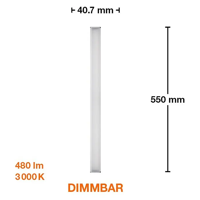 Ledvance Lámpara LED bajo mueble - 7,5 W, Largo: 55 cm, Blanco cálido - Imagen de una luz LED Dimmbar, que muestra sus dimensiones de 40.7 mm de ancho y 550 mm de altura, proporcionando 480 lúmenes a 3000K.
