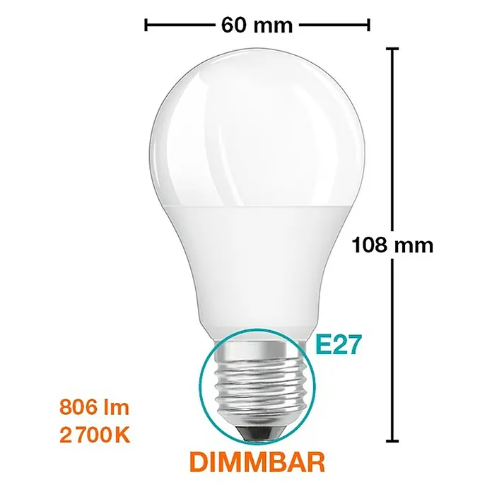 Osram Retrofit Bombilla LED Classic A 60 RGBW - E27, Intensidad regulable, RGBW, 806 lm, 9 W - Imagen del producto de una bombilla LED E27 regulable con 806 lúmenes y temperatura de color de 2700K, dimensiones 60x108mm.