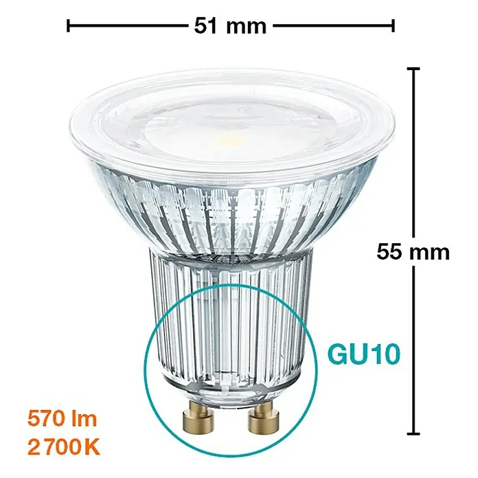Osram Star Bombilla LED Star PAR1680 - GU10, No regulable, Blanco cálido, 575 lm, 6,5 W - Imagen de una bombilla LED GU10 que muestra dimensiones y especificaciones. La bombilla tiene 51 mm de ancho y 55 mm de alto, emitiendo 570 lm a 2700K.