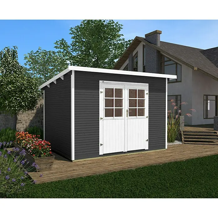 Weka wekaLine Gerätehaus Gr. 2 - 320 x 278 cm, Wandstärke: 28 mm, Anthrazit, Weiß - Ein dunkelgraues Gartenhaus mit Doppeltüren und weißem Rahmen steht auf einer hölzernen Plattform vor einem Haus.