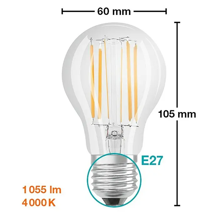 Osram Star LED-Lampe Glühlampenform E27 matt - E27, Nicht Dimmbar, Kaltweiß, 1.055 lm, 7,5 W - Produktbild einer E27 LED-Glühbirne mit Filamenten, transparentem Glaskörper und technischen Daten wie 1055 lm und 4000 K.