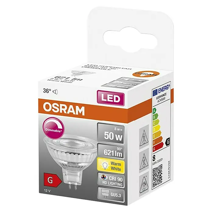 Osram LED-Lampe Pin G4 MR16 - GU5,3, Dimmbar, Warmweiß, 621 lm, 7,8 W - Produktbild einer OSRAM LED Lampe mit GU5.3 Sockel, 8W Leistung und 621 Lumen Lichtstrom in Warmweiß, dimmbar. Energieeffizienzklasse G.