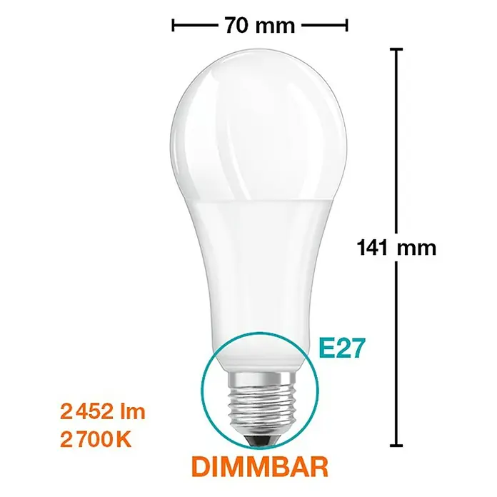 Osram Bombilla LED Superstar Classic A - E27, Intensidad regulable, Blanco cálido, 2.452 lm, 21 W - Imagen de una bombilla LED E27 regulable, que mide 70 mm de ancho y 141 mm de alto, proporcionando 2452 lúmenes a 2700K.