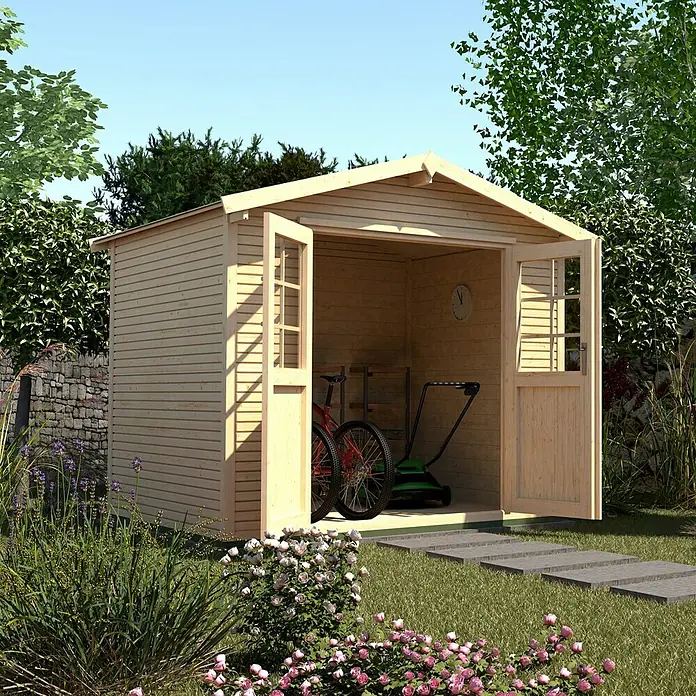 Weka wekaLine Gerätehaus Gr. 1 - Holz, Natur - Ein hölzernes Gartenhaus mit geöffneten Türen, das ein Fahrrad und einen Rasenmäher beherbergt. Perfekt für die Aufbewahrung von Gartengeräten.