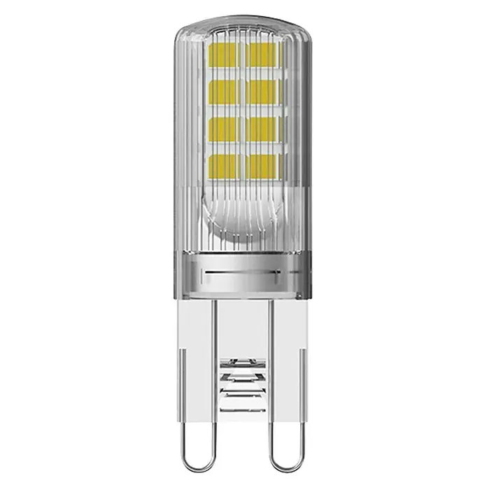 Osram Star Bombilla LED - G9, No regulable, Blanco cálido, 320 lm, 2,6 W - Primer plano de una bombilla LED G9 con una carcasa transparente que muestra su construcción interna y los LED amarillos.