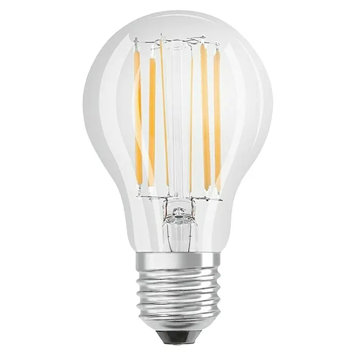 Osram Star LED-Lampe Glühlampenform E27 matt - E27, Nicht Dimmbar, Kaltweiß, 1.055 lm, 7,5 W - Nahaufnahme einer LED-Glühbirne mit klarem Glaskolben und sichtbaren Filamenten, die warmes Licht ausstrahlen.