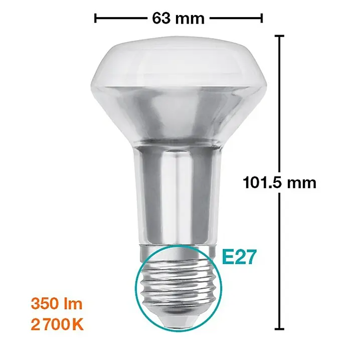 Osram Star Bombilla LED R63 - E27, No regulable, Blanco cálido, 345 lm, 4,3 W - Imagen de una lámpara reflectora LED E27 con dimensiones, flujo luminoso (350 lm) y temperatura de color (2700 K).