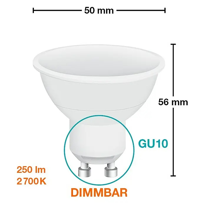Osram LED-Lampe Star+ PAR16 - GU10, Dimmbar, RGBW, 250 lm, 4,5 W - Bild einer GU10 LED-Lampe mit 50 mm Durchmesser und 56 mm Höhe, dimmbar, 250 lm, 2700 K.