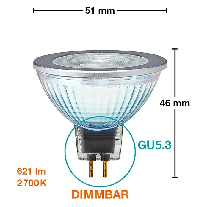 Osram LED-Lampe Pin G4 MR16 - GU5,3, Dimmbar, Warmweiß, 621 lm, 7,8 W - Abbildung einer GU5.3 LED Lampe mit den Maßen 51 mm in der Breite und 46 mm in der Höhe.