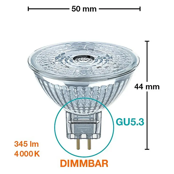 Osram Bombilla LED Superstar MR16 - GU5,3, Intensidad regulable, Blanco frío, 350 lm, 5,3 W - Imagen de una bombilla LED MR16 GU5.3, con dimensiones de 50 mm de diámetro y 44 mm de altura, ideal para iluminación de acento y soluciones de ahorro de energía.