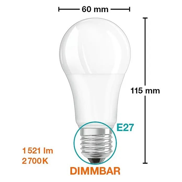Osram Bombilla LED Superstar Classic A - E27, Intensidad regulable, Blanco cálido, 1.522 lm, 14,5 W - Imagen del producto: Bombilla LED E27, regulable, con 1521 lúmenes y una temperatura de color de 2700 Kelvin. La bombilla tiene una longitud de 115 mm y un diámetro de 60 mm.