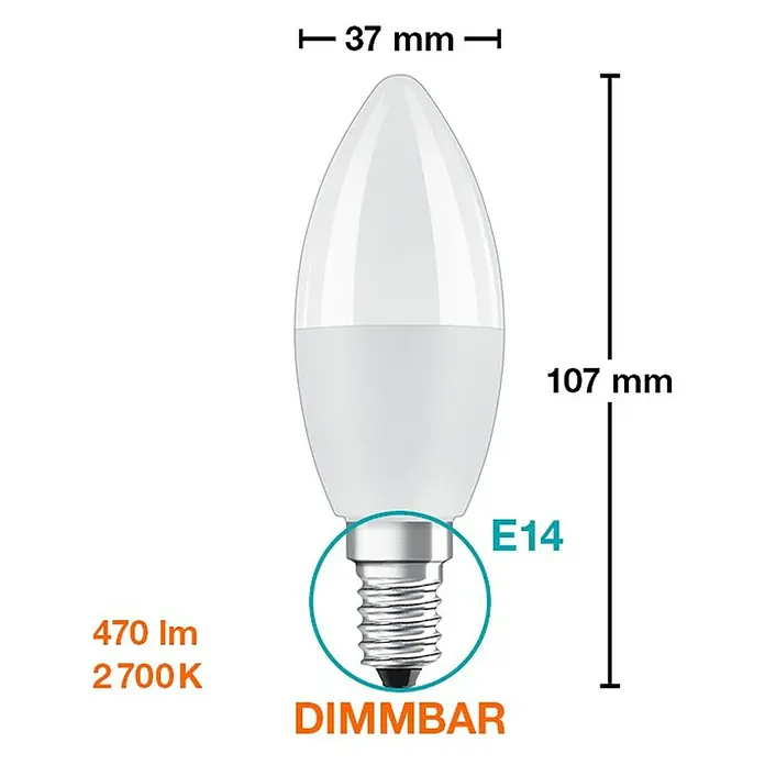 Osram Star Bombilla LED RGBW - E14, Intensidad regulable, RGBW, 250 lm, 5,5 W - Imagen de una bombilla LED E14 regulable con diseño de vela, de 107 mm de largo y 37 mm de ancho, con 470 lúmenes y 2700 Kelvin de temperatura de color.