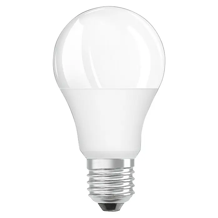 Osram Retrofit Bombilla LED Classic A 60 RGBW - E27, Intensidad regulable, RGBW, 806 lm, 9 W - Primer plano de una bombilla LED con acabado blanco mate y base de rosca plateada, ideal para iluminación de bajo consumo.
