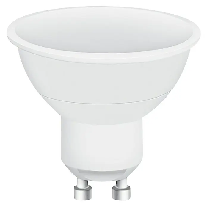 Osram Bombilla LED - GU10, Intensidad regulable, RGBW, 250 lm, 4,5 W - Primer plano de una bombilla LED MR16 blanca con base de dos pines. Solución de iluminación energéticamente eficiente para interiores.