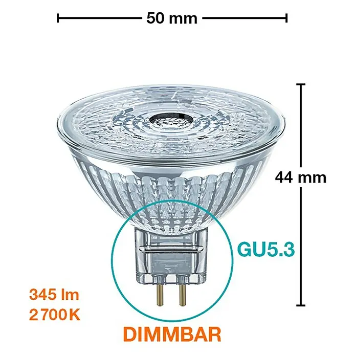 Osram Bombilla LED Superstar MR16 - GU5,3, Intensidad regulable, Blanco cálido, 350 lm, 5,3 W - Imagen de una bombilla LED GU5.3, dimmable, con dimensiones de 50 mm (ancho) y 44 mm (alto). Datos técnicos: 345 lm, 2700K.