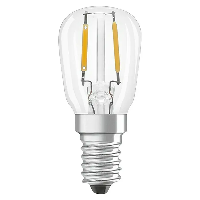 Osram LED-Lampe - E14, Nicht Dimmbar, Warmweiß, 110 lm, 10 W - Nahaufnahme einer klaren LED-Glühbirne mit silberfarbenem Sockel und sichtbaren gelben Filamenten, ideal für dekorative Beleuchtung.