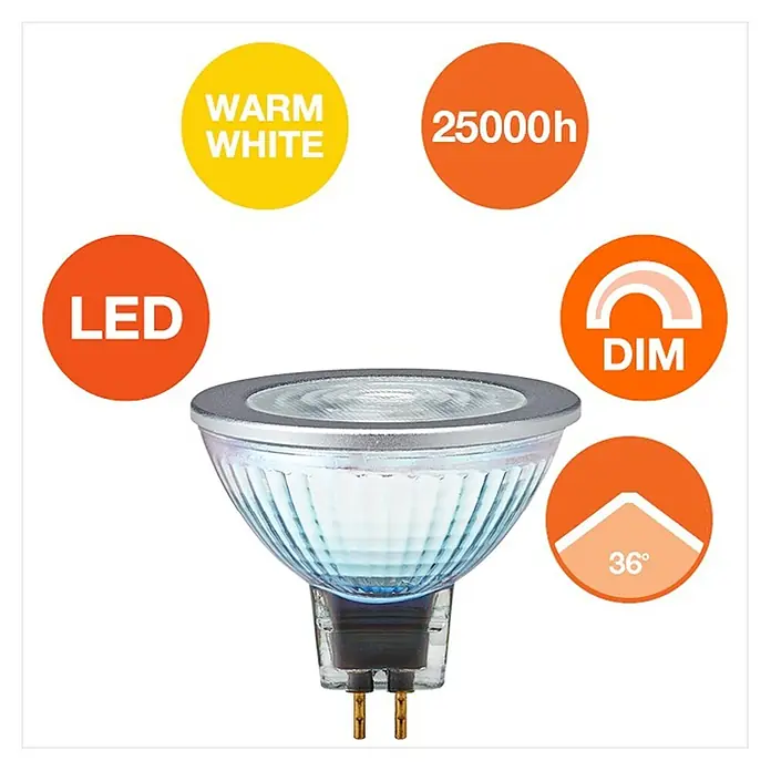 Osram LED-Lampe Pin G4 MR16 - GU5,3, Dimmbar, Warmweiß, 621 lm, 7,8 W - LED-Lampe mit warmweißem Licht, langer Lebensdauer (25000h), dimmbar und 36° Abstrahlwinkel für vielseitige Beleuchtungslösungen.