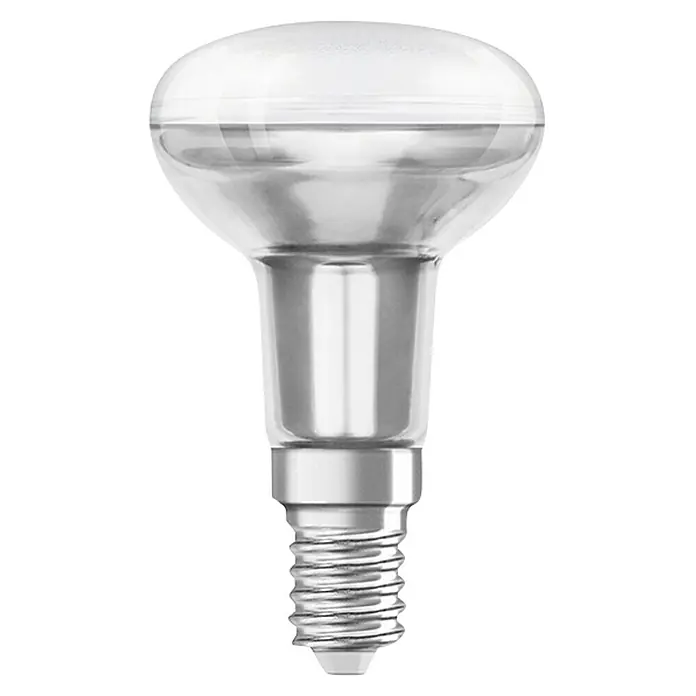 Osram Star LED-Lampe - E14, Nicht Dimmbar, Warmweiß, 345 lm, 4,3 W - Nahaufnahme einer klaren Reflektorlampe mit E14 Sockel, ideal für gezielte Beleuchtung und energieeffiziente Lösungen im Haushalt.
