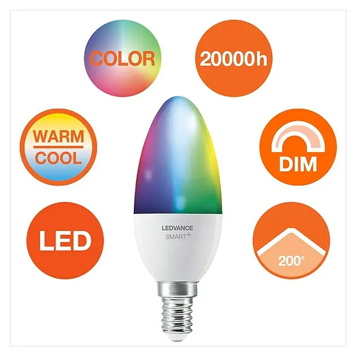 Ledvance Smart+ WiFi Smart-LED-Lampe Candle - E14, Dimmbar, RGBW, 470 lm, 5 W - LEDVANCE SMART+ LED-Lampe mit Farbwechsel, dimmbar und langer Lebensdauer für eine stimmungsvolle Beleuchtung.
