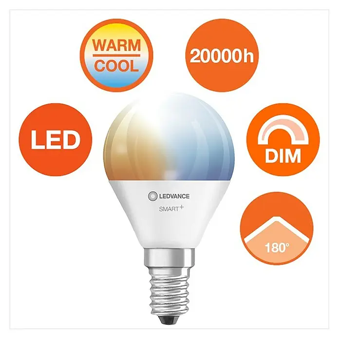 Ledvance Smart+ WiFi Smart-LED-Lampe Mini Bulb - E14, Dimmbar, Neutralweiß, 470 lm, 5 W, Farbtemperatur einstellbar: Stufen - LEDVANCE SMART+ LED-Lampe, die warmes und kühles Licht bietet, dimmbar ist und eine Lebensdauer von 20000 Stunden hat.