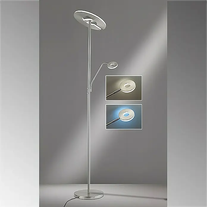 Fischer & Honsel Dent LED-Stehleuchte - 45 W, Höhe: 180 cm, Nickel, Mehrfarbig, 2 Stk. - Elegante Stehlampe mit zwei Lichtquellen, perfekt für modernes Wohnambiente. Die Lampe bietet sowohl direktes als auch indirektes Licht.