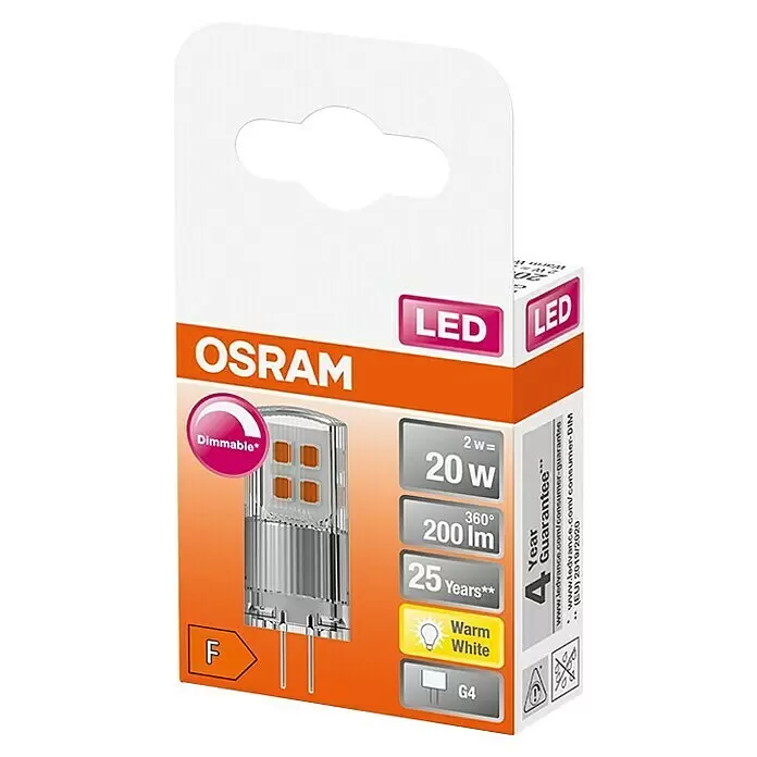 Osram LED-Lampe Pin G4 MR16 - G4, Dimmbar, Warmweiß, 200 lm, 2 W - OSRAM LED G4 Leuchtmittel in weiß-orangefarbener Verkaufsverpackung, dimmbar, warmweiß, 2W=20W, 200lm.